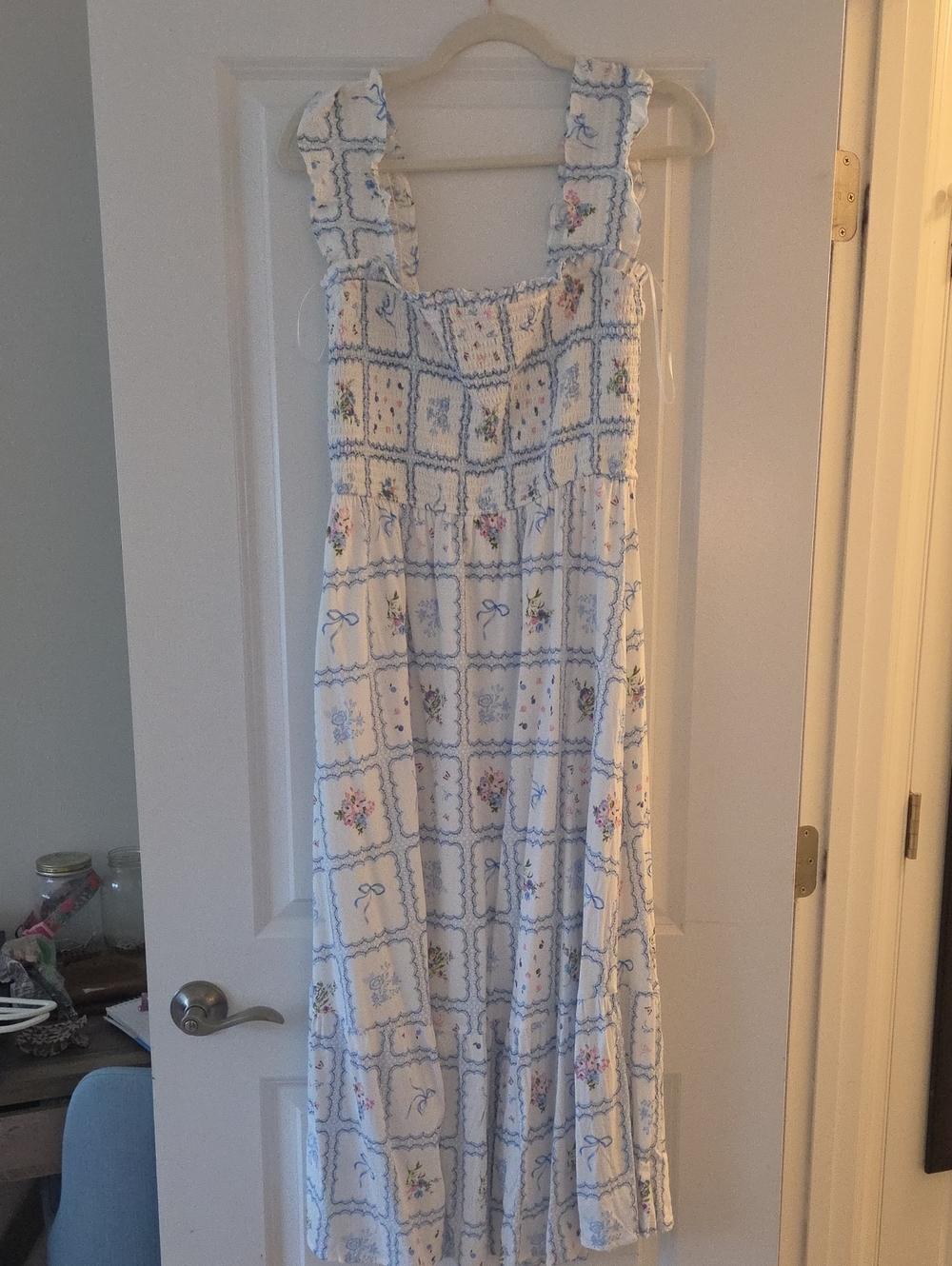 Smocked Floral Print Midi Dress in White and Blue